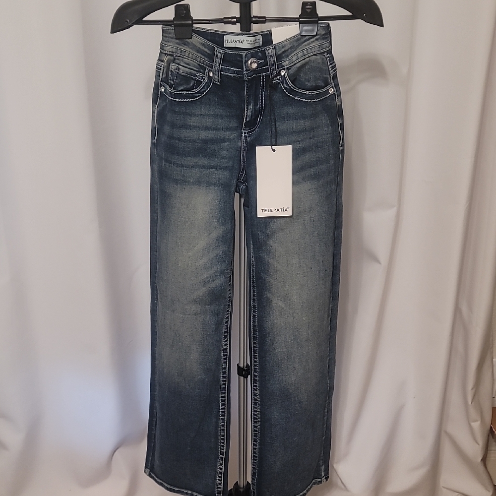 Telepatia Blue Embroidered Wide Leg Jeans - Picture 5 of 6